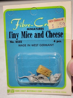 Vintage NOS Dollhouse 2 Tiny Mice and Cheese Fibre-Craft West Germany Miniatures