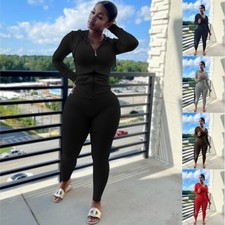 Womens 2Pce Sets Bodycon Long Sleeve Zip Up Hoodie Jacket Jogger Sweat Pants Set