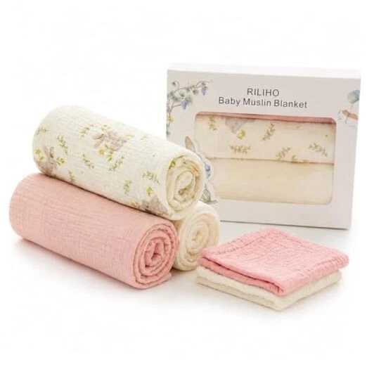 5 Pack Muslin Swaddle Blankets & Baby Burp Cloths, 1 - Pink & Ivory, Rabbit