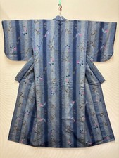Vintage Japanese Yukata Kimono Cotton Light Blue Butterfly Floral Pattern Craft