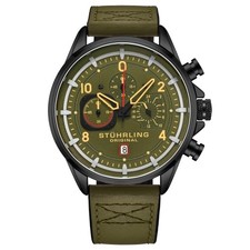 Stuhrling Original 929 04 Chronograph Date Quartz Green Leather Strap Mens Watch