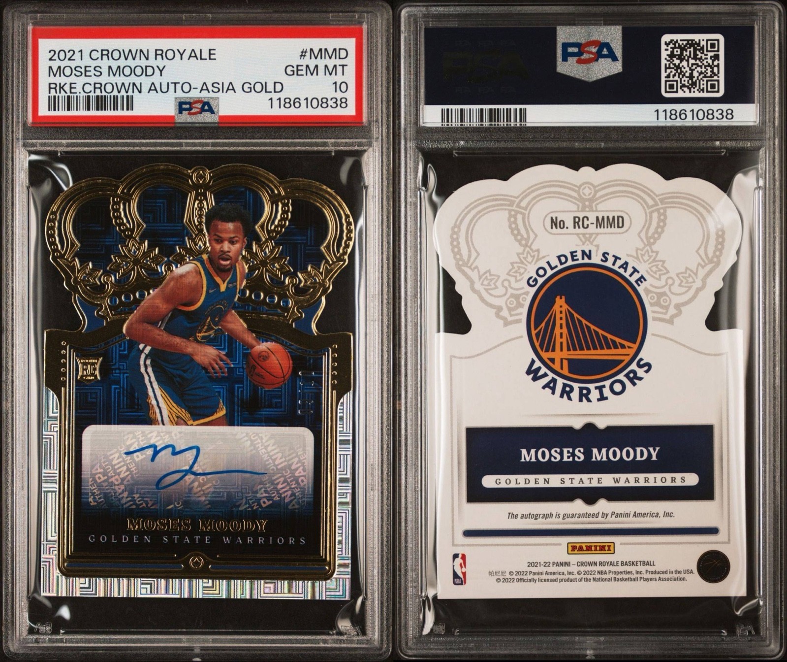 2021-22 Panini Crown Royale Rookie Crown Auto Moses Moody Asia Gold /10 PSA 10