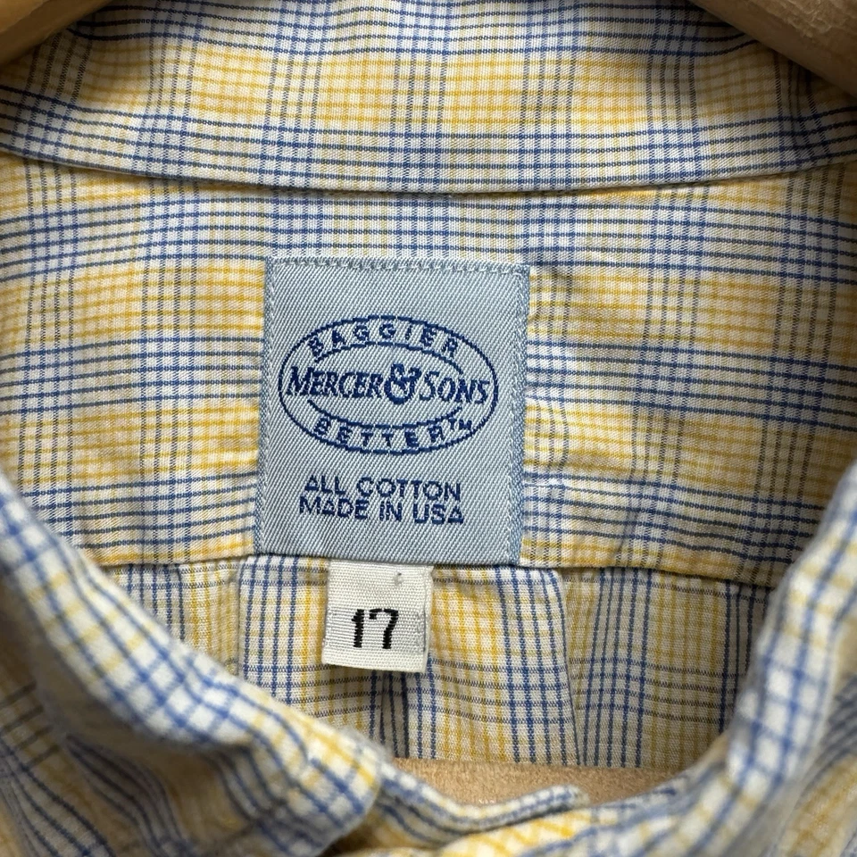 Mercer & Sons Men's Size 17 Blue/Yellow Plaid Button Down Cotton S/S Shirt USA - Image 4 of 4