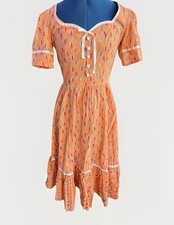 Vintage Handmade 80s Orange Abstract Prairie Boho Cottage Core Dress Women s