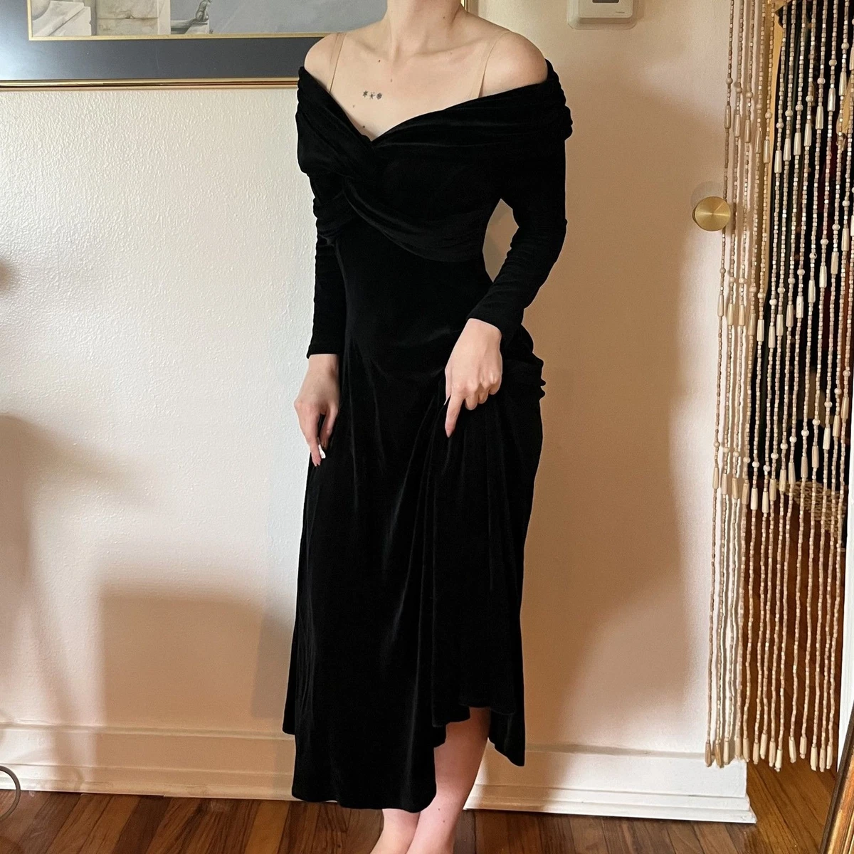 90s black velvet dress Vintage Dresses for Women for sale 5 in // 42 Web Collection: Award Season Backless Ruffle Detailing Mini Color:Cinder Melange