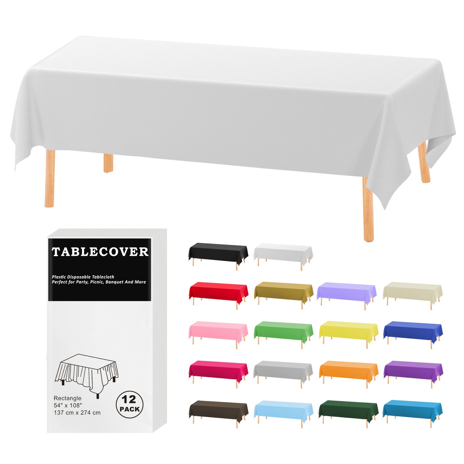 Plastic Table Cloth Disposable 12 Pack White Rectangle Tablecloth Individually W