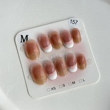 Handmade French Tip Press-On Nails Short Oval Size M Reusable Fake Nails