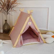 Solid Wood Cat  Dog Indoor Tent with Thick Mat, Teepee Tent  Cave Bed Pink 