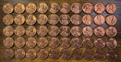 1956 Lincoln Wheat Cent Penny Red One (1) Uncirculated Roll With 50 Coins