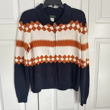 Eagles Eye Sweater Womens Medium Blue Orange Argyle Full Zip Knit Retro Pullover