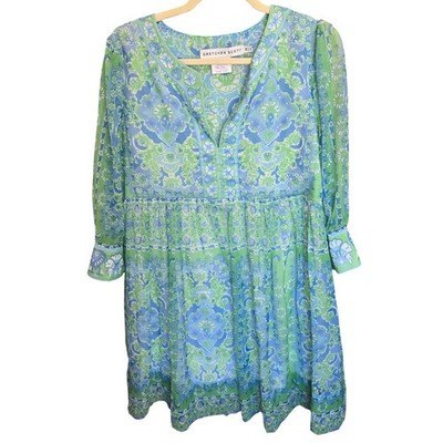 Gretchen Scott Borderline Watteau Dress Green Blue 3/4 Sleeve Preppy Airy Medium