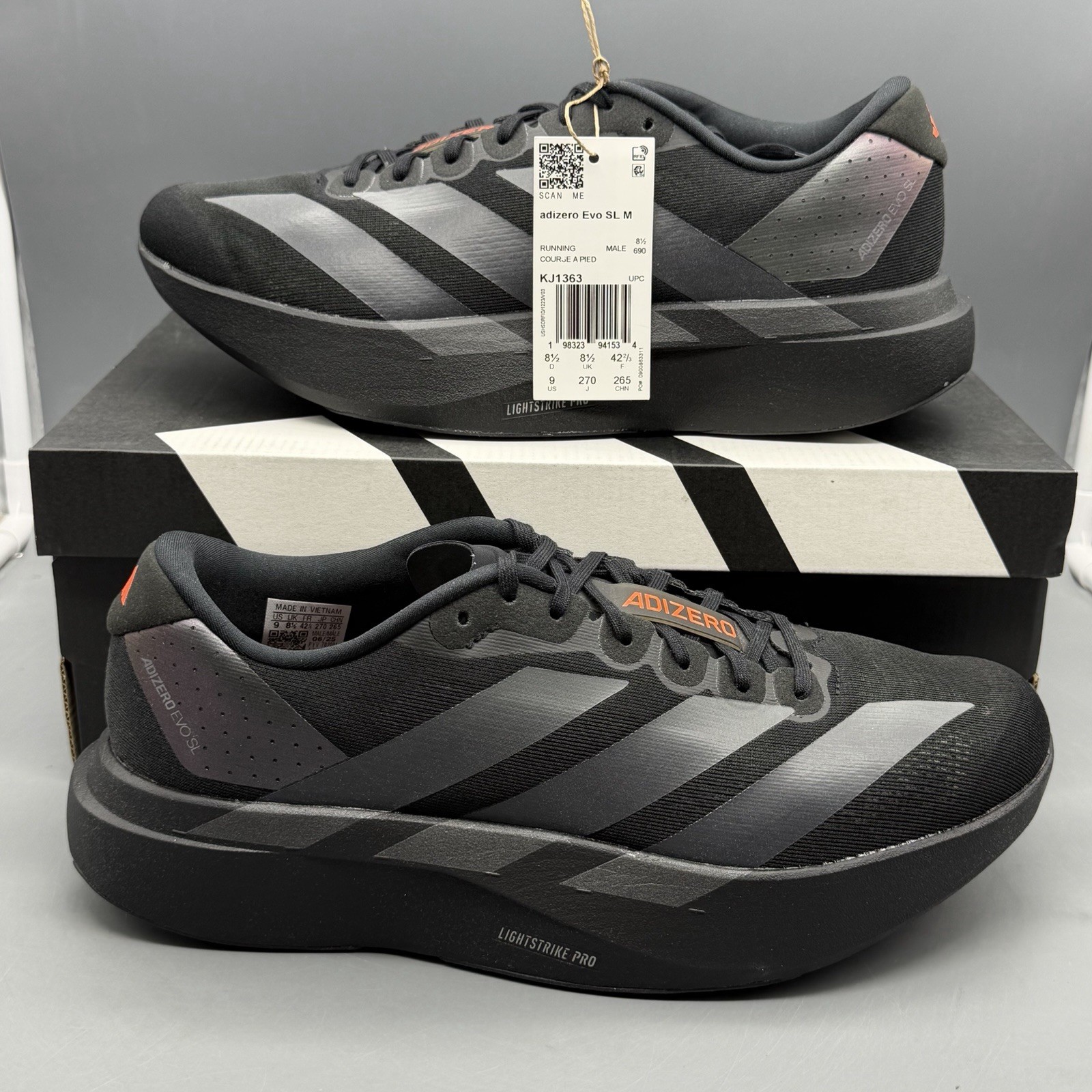 Adidas Adizero Evo SL Mens 9 Black Metallic Running Shoes Gym Training Sneakers