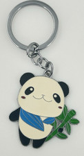 Cute Panda Holding Bamboo Silver Tone Enamel Keychain Keyring Fob
