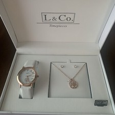 L & Co Timepieces Watch Necklace and Earring Jewelry Set. Rose Gold