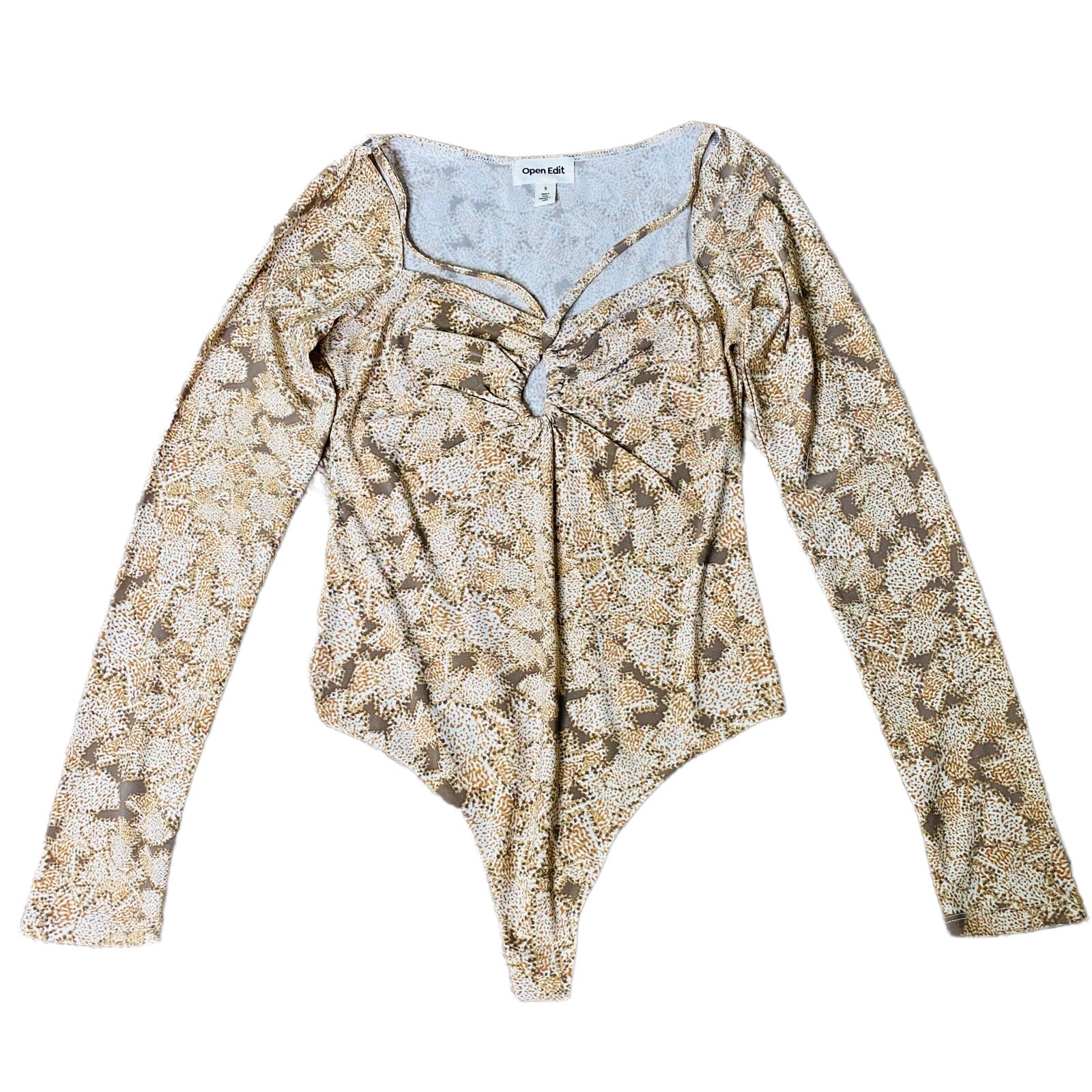 Open Edit  Tan Camo Snake Print Keyhole BodySuit LongSleeve Small Top Blouse