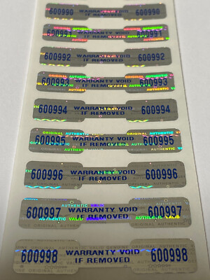 100 BLUE TAMPER EVIDENT HOLOGRAM DOGBONE SECURITY LABELS-WARRANTY VOID W/SERIAL