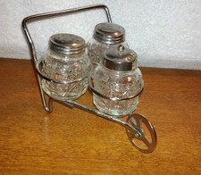 Vintage Cut Glass Salt, Pepper & Sugar Shakers w/ Metal Wheelbarrel Caddy 
