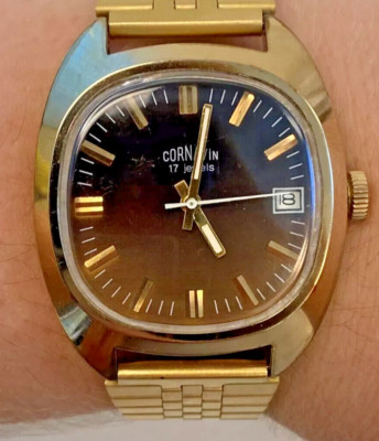 Vintage Cornavin Automatic Gold Tone 17 Jewels Men's Stainless Steel Swiss Black