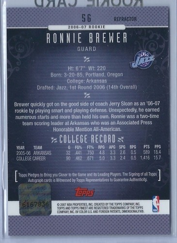 2006-2007 Topps Finest Basketball Ronnie Brewer Jazz Autographed Refractor RC - Picture 2 of 2