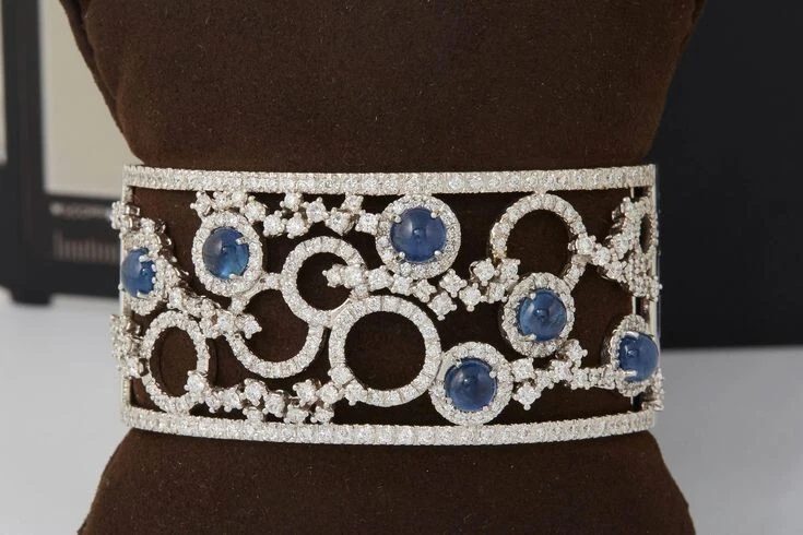 19.72 TCW Round Cut Tanzanite & Sapphire Beautiful Cuff Style Bracelet For Woman - Image 4 of 4