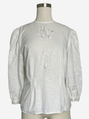 Vintage Donna Morgan White linen floral embroidered button blouse poetcore S