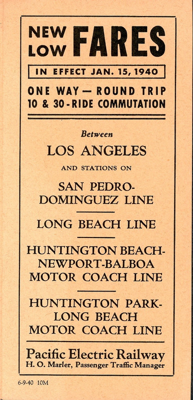 Pacific Electric Ry, FARES leaflet, L.A.-San  Pedro-Long Beach January 15, 1940
