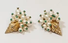Vintage Carnegie Earrings Faux Pearl Green Milkglass Rhinestone Seashell