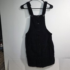 Y2K PrettyLittleThing Corduroy Overall Dress W10 Black Woven Buttons Pockets NWT