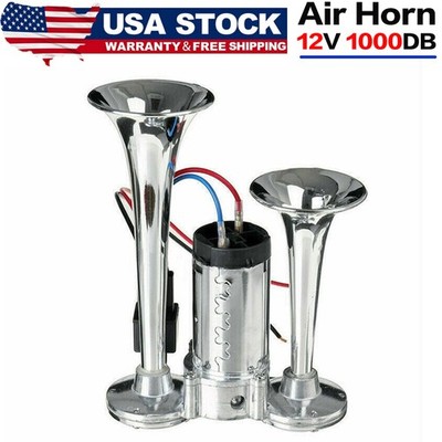 NEW 12V 1000DB Air Horn Dual Trumpet Super Loud For Trains SUVs Motorcycles Cars