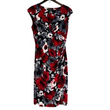 Lauren Ralph Lauren Ruched Bodycon Sheath Dress Red Gray Floral Stretchy - 6