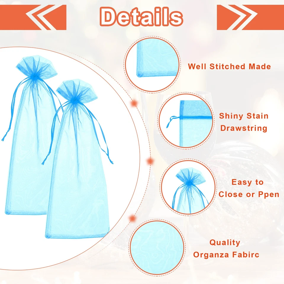 Bolsas de vino de organza de 14 x 5 pulgadas 20 piezas bolsas envolventes de regalo para favores de boda azul lago Foto 3 de 4