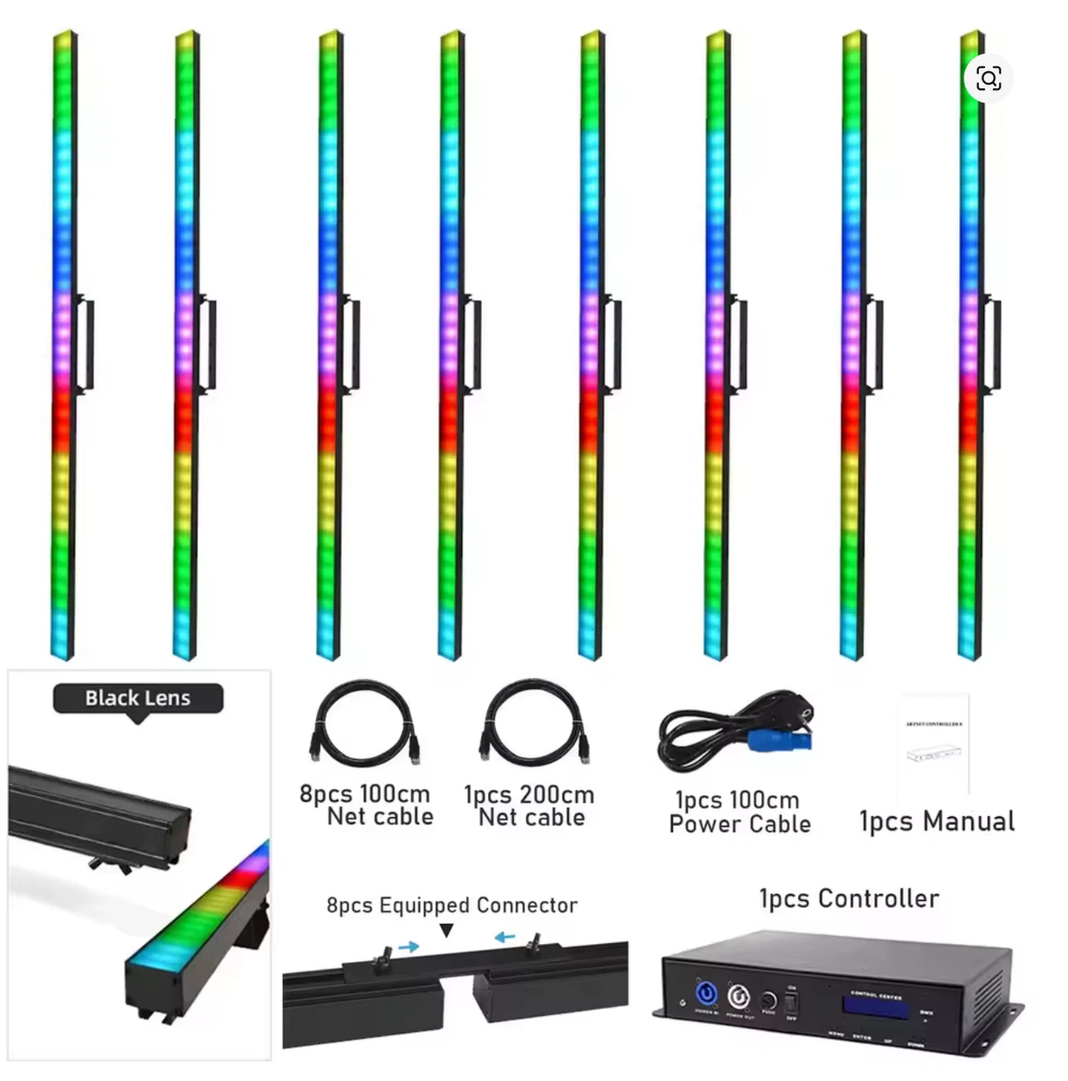 8 piezas x Tiras de luz de píxeles RGB con controlador DMX-Luces dj con controlador
