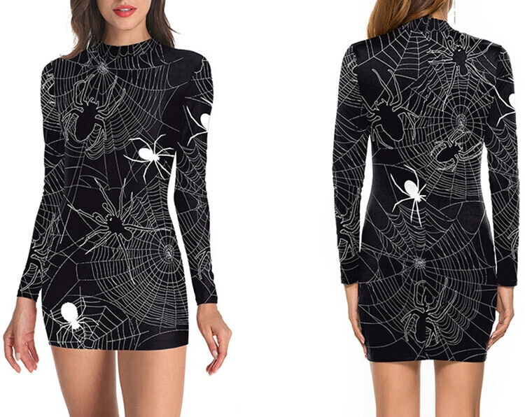 OFF WHITE Vestito Bodycon Scheletro Donna Gotico Mini Halloween Maniche Lunghe Vestiti Festa Q