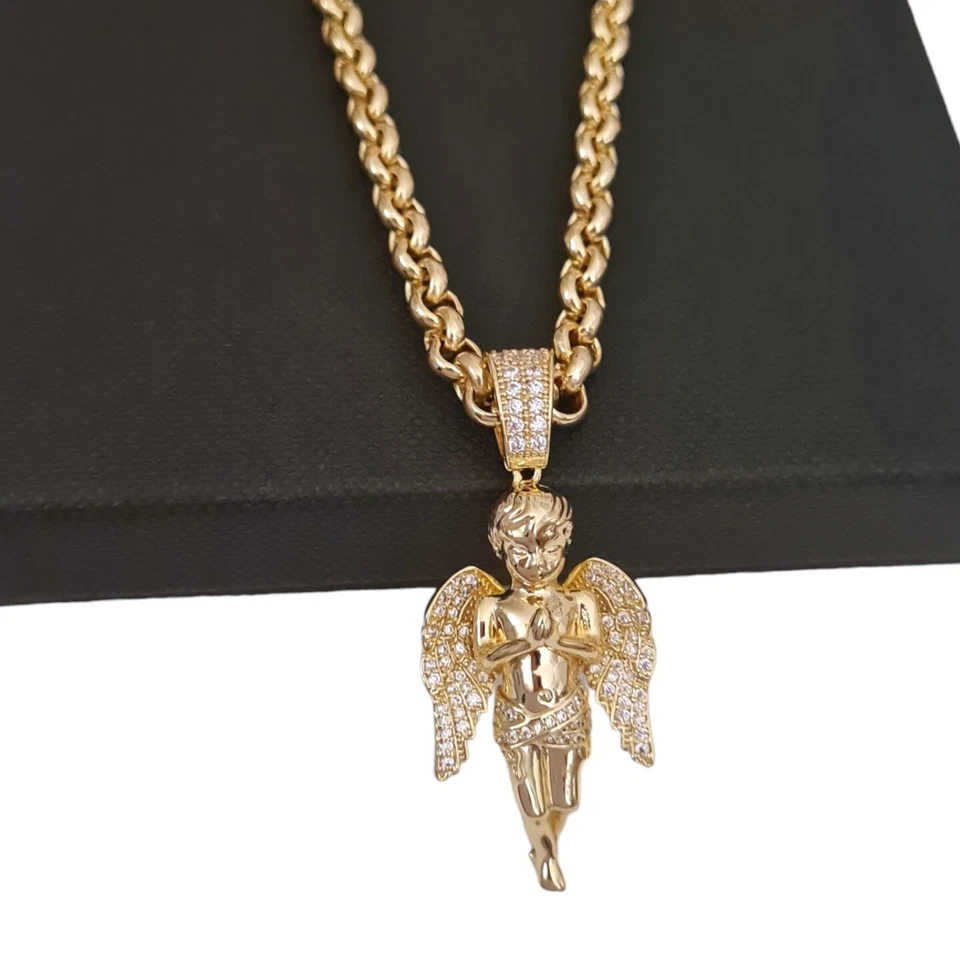 Colgante Ángel Dorado en 24" Cadena Belcher Alas Cúbicas de Ángel de Circonio Lleno de 9 quilates Foto 2 de 4