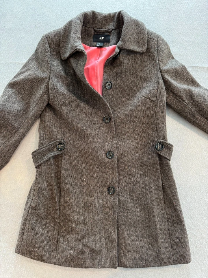 Abrigo H&M Peacoat para mujer talla 6 marrón moteado lana cuello alto Foto 3 de 4