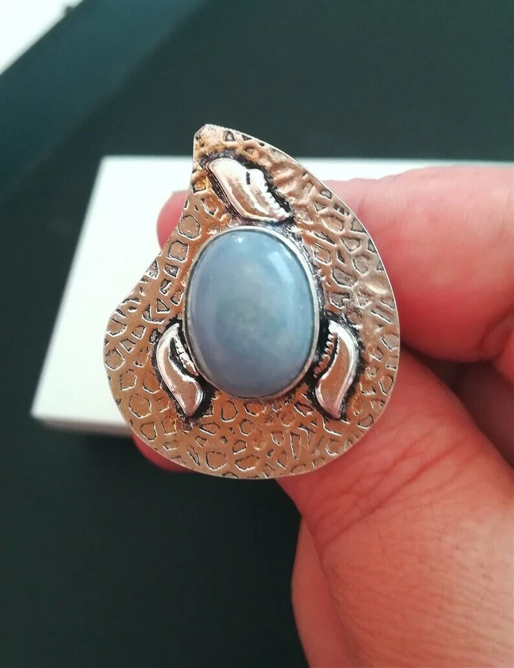 ANELLO DONNA ARGENTO MASSICCIO 925 CON ANGELITE NATURALE GOCCIA CABOCHON DESIGN - Immagine 2 di 4