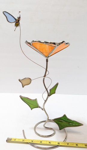 Vintage Stained Glass Suncatcher 14" Flower Butterfly Candle Holder Figure - Picture 18 of 19