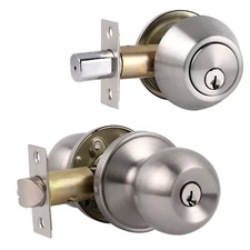 Exterior Front Entry Door Handle Lock Set Round Knob Keyed alike Double Deadbolt