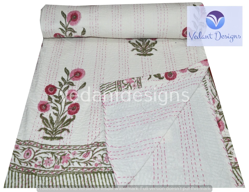 Colchas dobles hechas a mano con estampado de bloques Kantha blancas Gudri Throw Ralli Foto 2 de 4