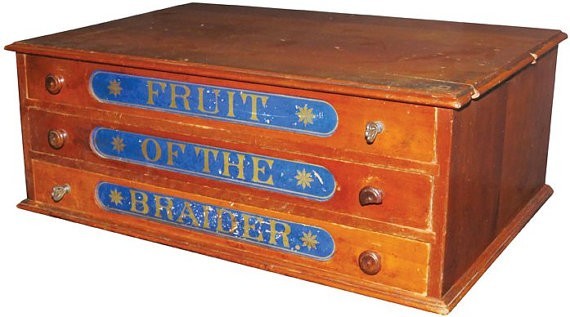 RARE  COUNTRY STORE ANTIQUE CHERRY FRUIT OF THE BRAIDER 3 DRAWER SPOOL CABINET