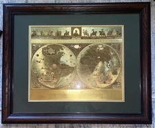 Vintage Framed Gold Foil Blaeu Wall Map of Old World