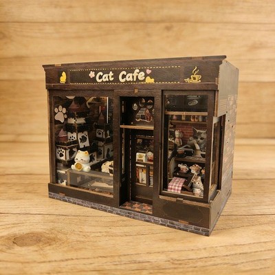 DIY Miniature Cat Cafe Kit Wood Puzzle Toy Art Gift Ornament Tabletop Assembly