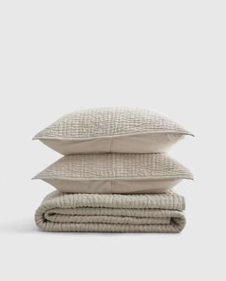 NWOT Quince King Cal King European Linen Cotton Stitch Quilt 2 Shams Natural