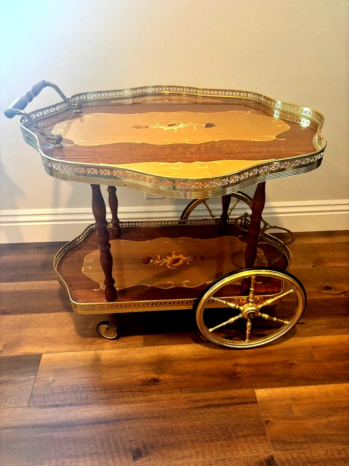 CARRITO DE SERVIR TÉ/CAFÉ/POSTRE VINTAGE CON RUEDAS Marrón/Dorado/Detalle Floral Foto 4 de 4