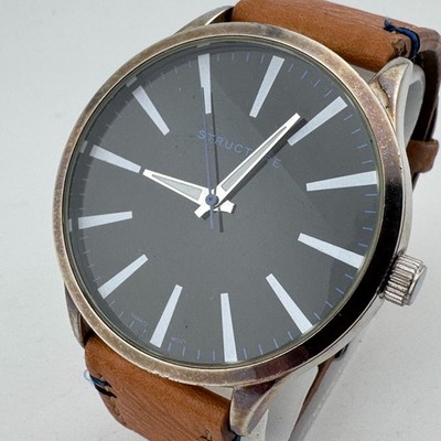 Structure Quartz Watch Men 44m Silver Black Dial Brown Leather Analog New Batter