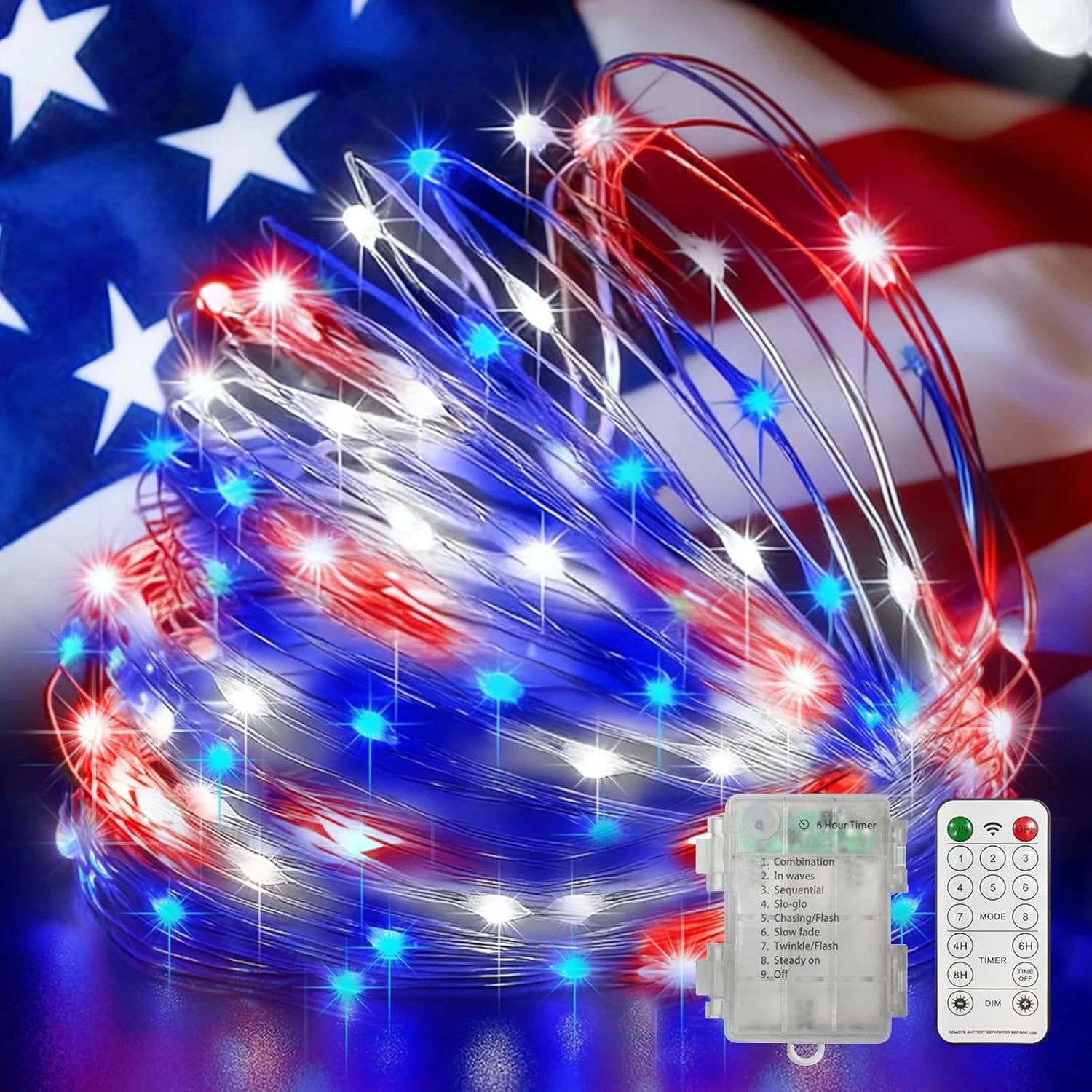 Red White Blue Patriotic Fairy Lights, 33Ft 100LED Battery Operated Twinkle Ligh