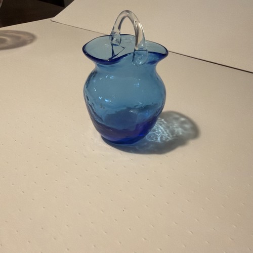 Vintage Cobalt Blue Crackle Art Glass Basket Clear Applied Handle 4" Height