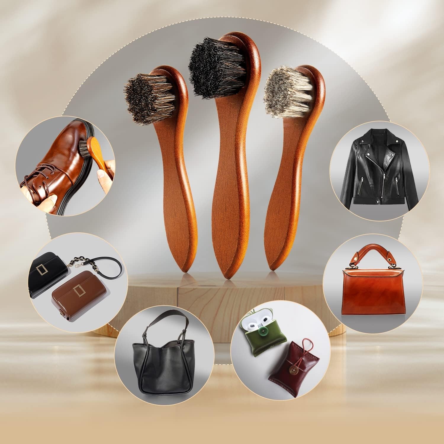 4-Piece Horse Hair Shoe Brush Shine Kit, Polish Black Graywhite Brown 