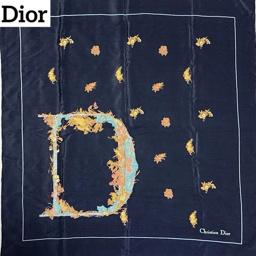 Foulard bleu marine Christian Dior 78 cm x 76 cm unisexe occasion rang AB avec défauts mineurs