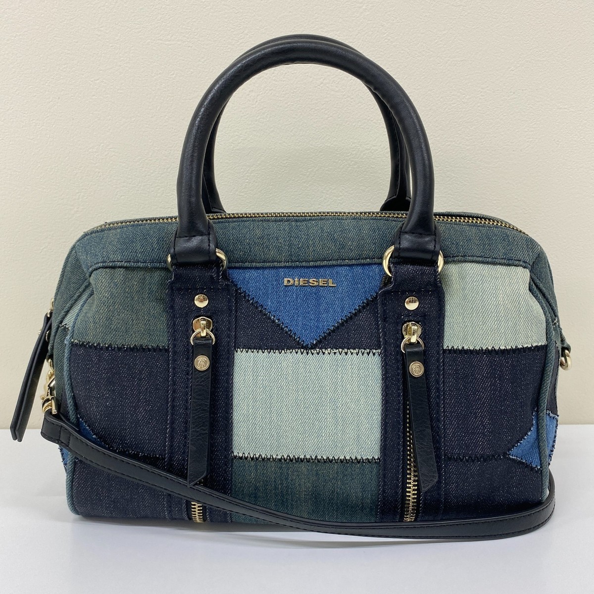 Auth Diesel 2Way mini Boston Bag Patchwork Blue Denim